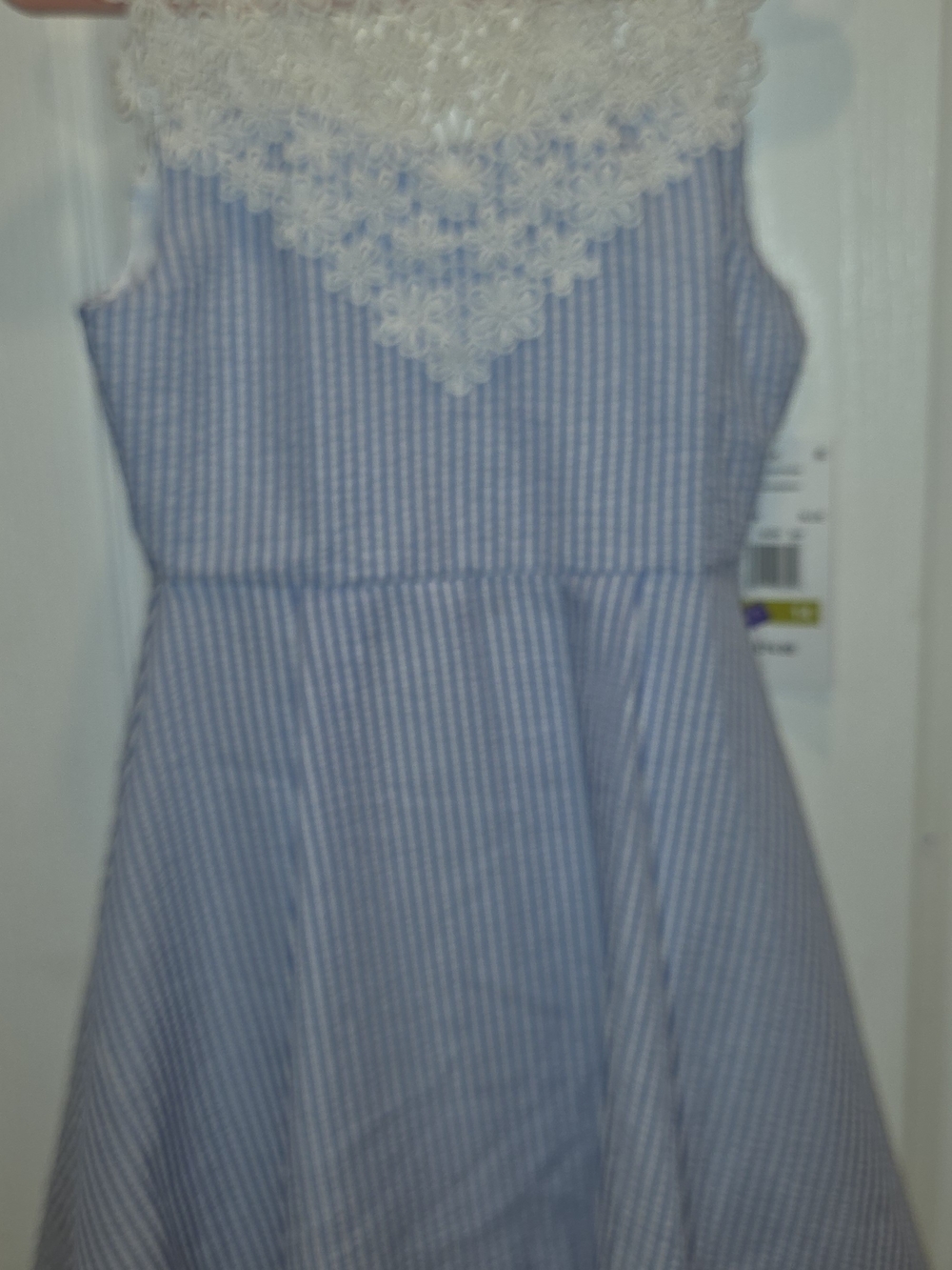 Girls' Blue Stripe Lace Yoke Dress